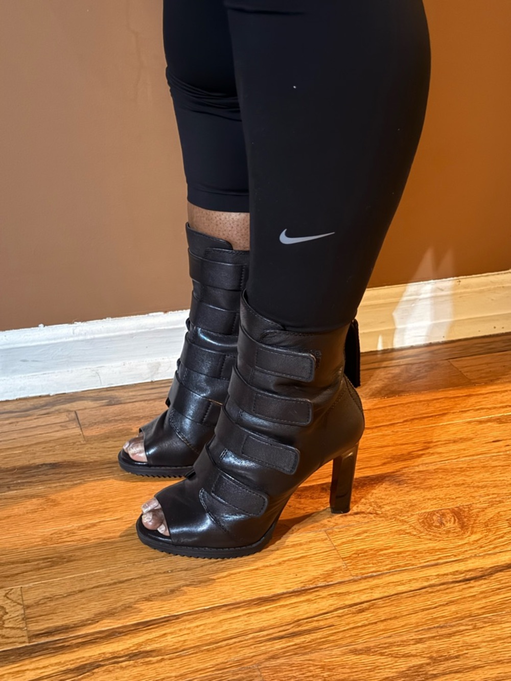 DKNY Black Peep-Toe Strappy Leather Ankle Booties